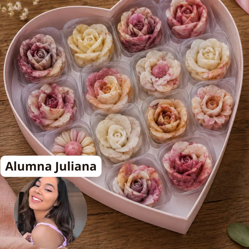 Caja en forma de corazón con flores de té hechas por la alumna Juliana